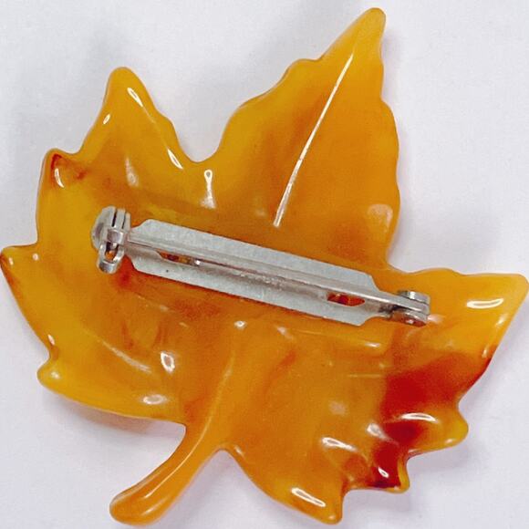 VTG Signed Avon Lucite Maple Leaf Brooch Amber Rhinestone Fall Autumn Jewelry - Picture 5 of 8